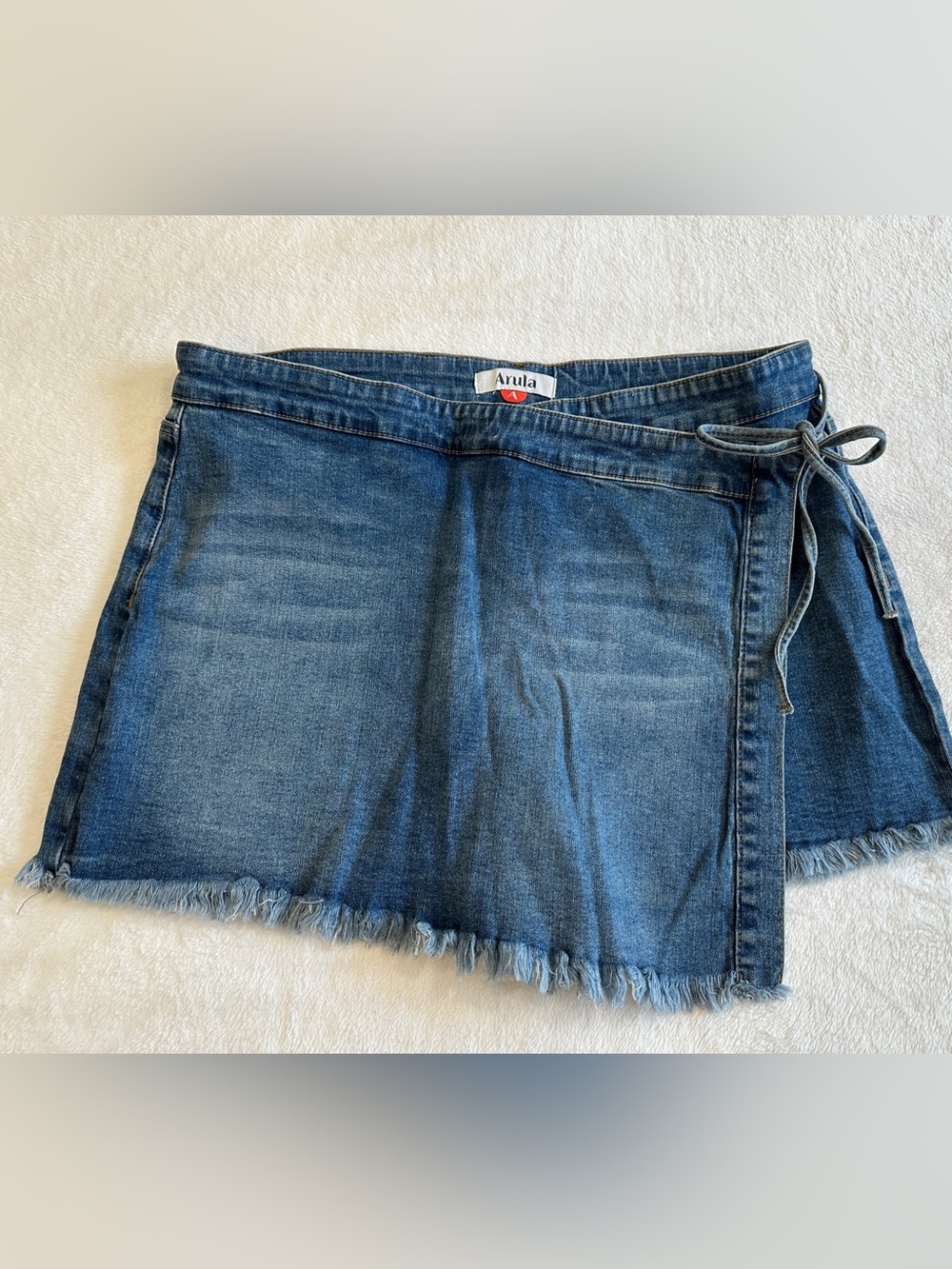 ARULA Blue Denim Wrap Mini Skirt with Frayed Hem